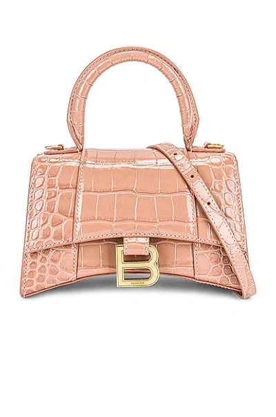Balenciaga Xs Hourglass Croc-embossed Leather Top Handle Bag In Nude Beige