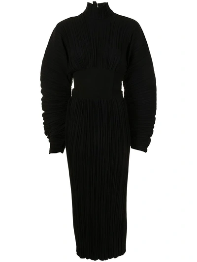 Dion Lee Puff-sleeve Pleated Midi Dress In Black