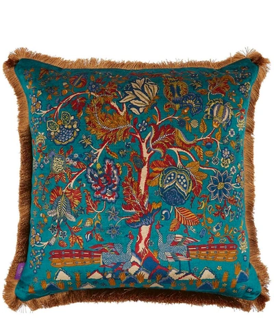 Liberty Tree Of Life Fringed Velvet Square Cushion In Turquoise