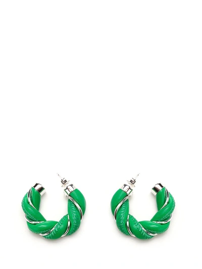 Bottega Veneta Green & Silver Leather Twist Hoop Earrings In Parakeet