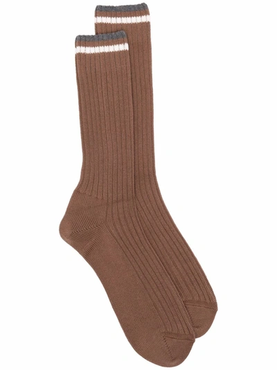 Eleventy Striped Ribbed Socks In Brown