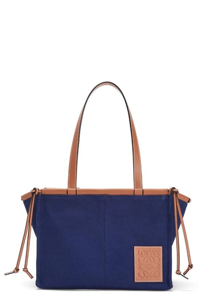 Loewe Small Cushion Canvas & Leather Tote In Navy Blue/ Tan