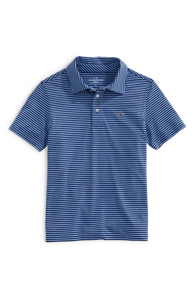 Vineyard Vines Kids' Bradley Stripe Sankaty Performance Polo In Blue Depth/ Maui Blue