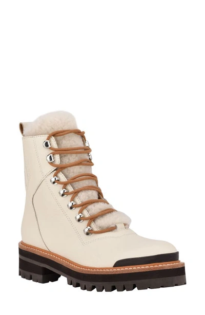 Marc Fisher Ltd Izzie Genuine Shearling Lace-up Boot In Ivory Leather