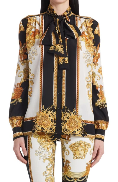 Versace Pussybow Baroque-print Silk-crepe Shirt In Red