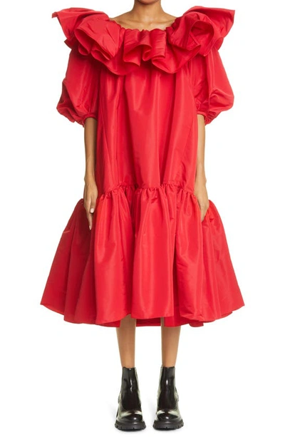 Alexander Mcqueen Ruffle Puff Sleeve Drop Waist Midi Dress In Welsh Red