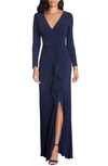 Betsy & Adam Cascade Ruffle Long Sleeve Stretch Jersey Gown In Navy