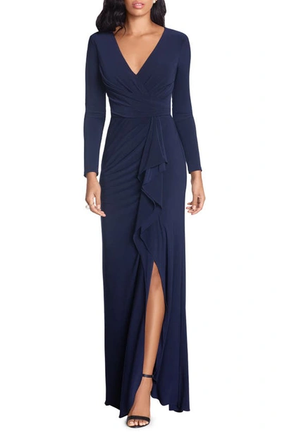 Betsy & Adam Cascade Ruffle Long Sleeve Stretch Jersey Gown In Navy