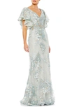 Mac Duggal Flutter Sleeve Embellished Lace Trumpet Gown In Seafoam