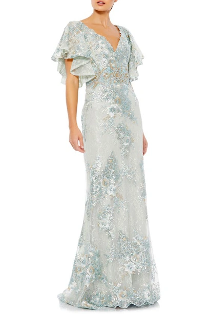 Mac Duggal Flutter Sleeve Embellished Lace Trumpet Gown In Seafoam