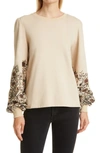 NICOLE MILLER THAI JUNGLE FRENCH TERRY BALLOON SLEEVE TOP,CT19244