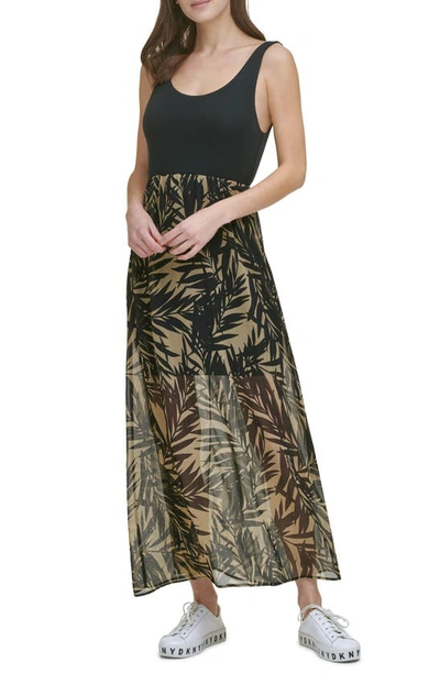 Dkny Sportswear Tropical Print Mixed Media Dress In Black