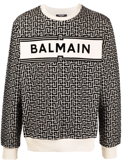 Balmain Monogrammed Cotton Sweatshirt With Flocked Logo In Neutrals