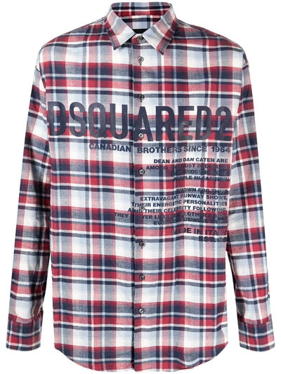 Dsquared2 Logo Print Check Cotton Flannel Shirt In Red