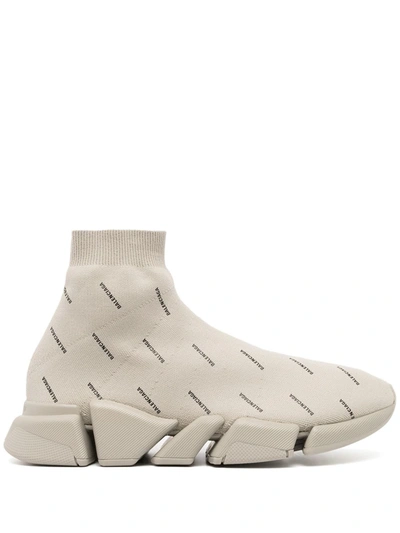 Balenciaga Speed 2.0 Logo-print Stretch-knit Slip-on Trainers In Grey