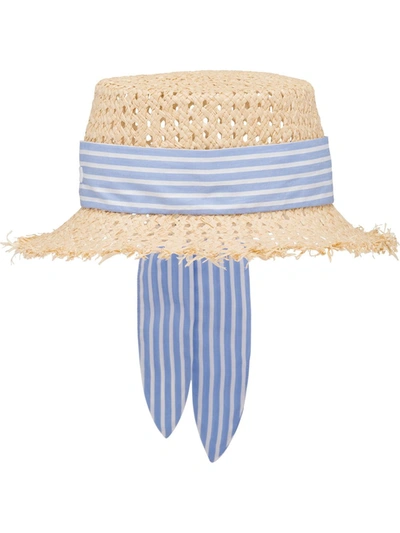 Miu Miu Stripe-detail Raffia Hat In Naturale & Celeste