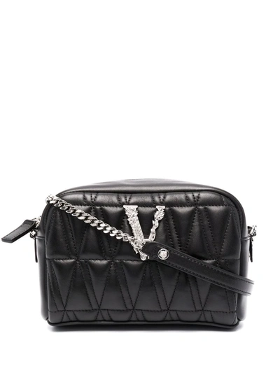 Versace Quilted Leather Camera Crossbody Bag In Black