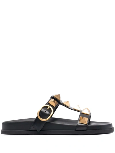 Valentino Garavani Roman Stud 0.5 T-strap Leather Slides In Black