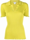 Bottega Veneta Ribbed Ruffled Cotton Polo Top In Grün