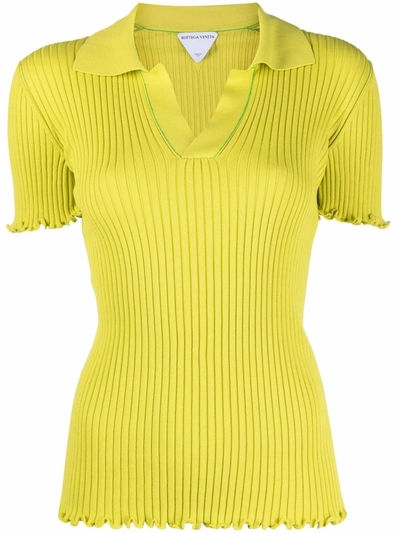 Bottega Veneta Ribbed Ruffled Cotton Polo Top In Yellow