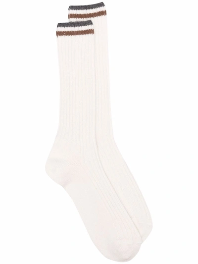 Eleventy Striped Ribbed Socks In 白色