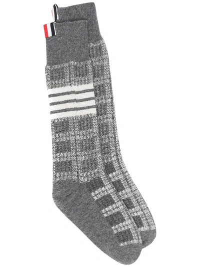 Thom Browne Signature-stripe Mid-calf Checked Socks In Grey
