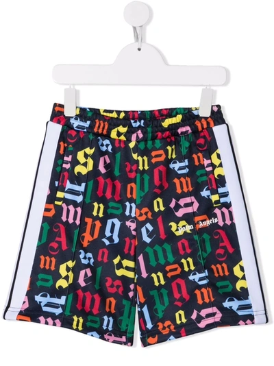 Palm Angels Kids' Boy's Multicolor Logo Side-striped Shorts In Black Multi