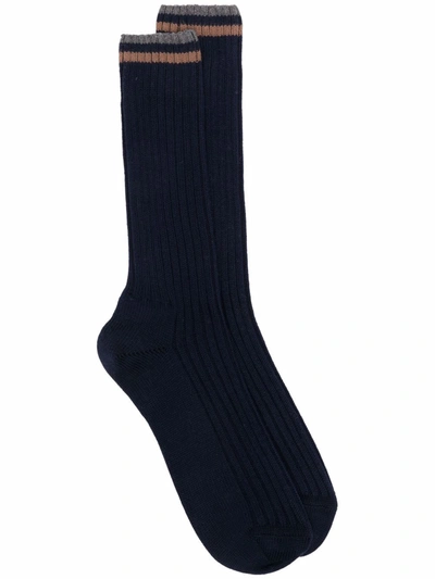 Eleventy Contrast-trim Knit Socks In Blue