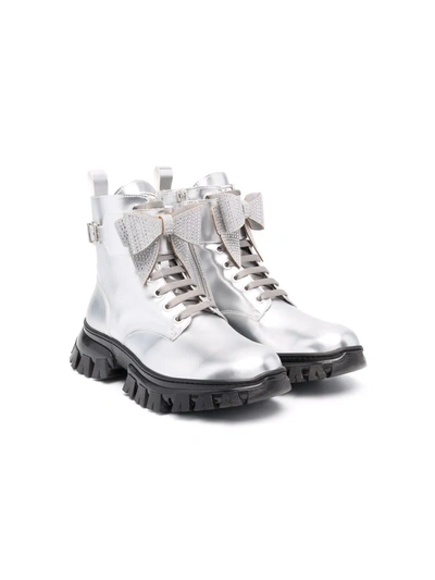 Monnalisa Teen Bow-embellished Ankle Boots In Silver