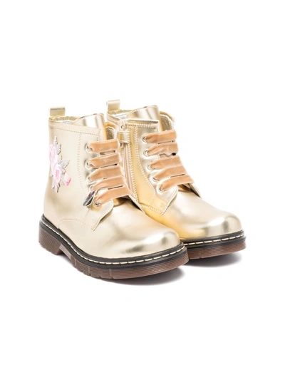 Monnalisa Kids' Floral-print Metallic Boots In Gold