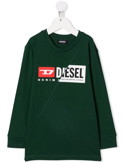 Diesel Kids' Logo-print Long-sleeve Cotton T-shirt In Green