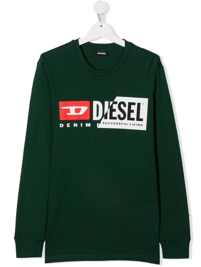 Diesel Teen Logo-print Long-sleeve Cotton T-shirt In Green