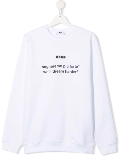 Msgm Kids' Slogan-print Long-sleeve Cotton T-shirt In White