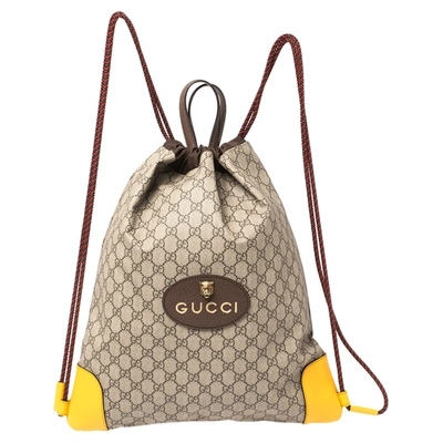 Pre-owned Gucci Beige/mustard Gg Supreme Canvas And Leather Neo Vintage Drawstring Backpack