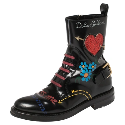 Pre-owned Dolce & Gabbana Black/red Leather And Glitter Heart Kiss Me Ankle Boots Size 36