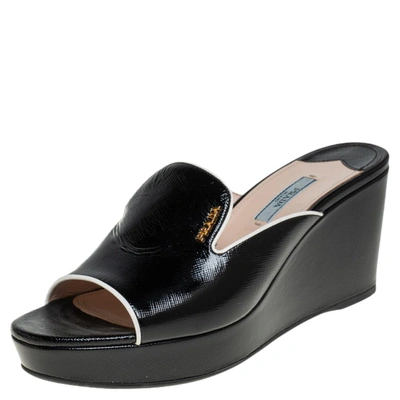 Pre-owned Prada Black Saffiano Leather Platform Wedge Slide Sandals Size 40