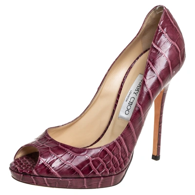 Pre-owned Jimmy Choo Burgundy Croc Embossed Leather Peep Toe Pumps Size 39