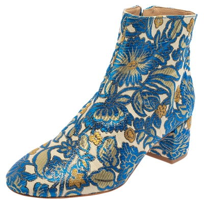 Pre-owned Tory Burch Multicolor Brocade Fabric Block Heel Ankle Boots Size 36