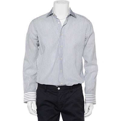 Pre-owned Etro White & Navy Blue Striped Cotton Button Front Slim Fit Shirt M