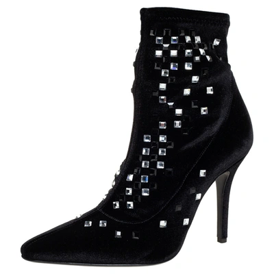 Pre-owned Giuseppe Zanotti Black Velvet Embellished Boots Size 37