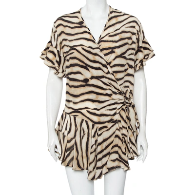 Pre-owned Just Cavalli Beige Animal Printed Silk Ruffled Mini Wrap Dress S