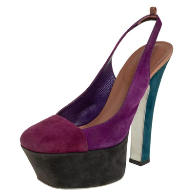 Pre-owned Saint Laurent Tri Color Suede Obsession Slingback Platform Sandals Size 36 In Multicolor