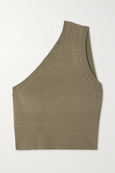 Jacquemus Ascu Cropped One-shoulder Open-back Ribbed Linen-blend Top In Mustard