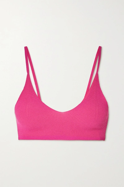 Jacquemus Pralu Cropped Embellished Ribbed-knit Top In Pink