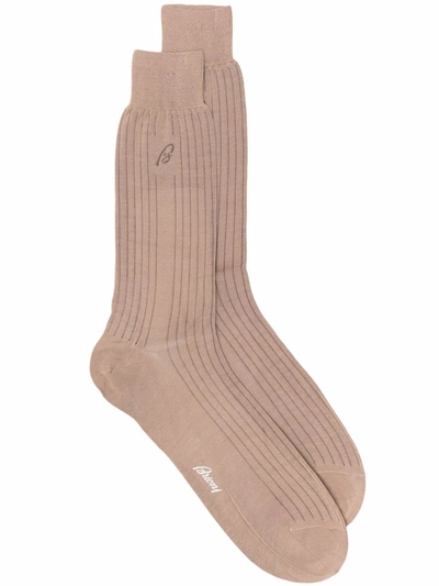 Brioni Ribbed Knit Mid-calf Socks In Neutrals