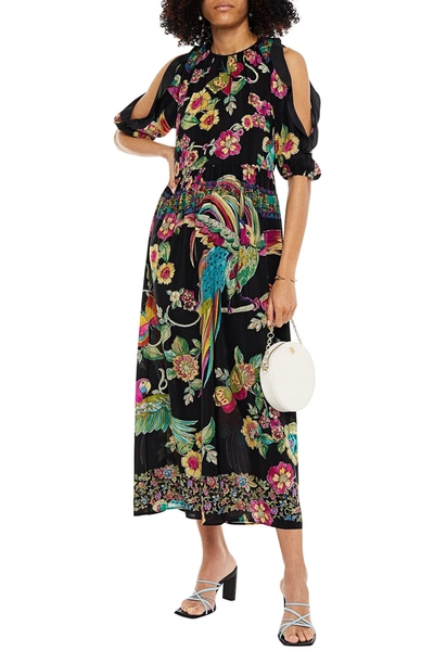 Red Valentino Gathered Printed Silk Crepe De Chine Midi Dress In Black