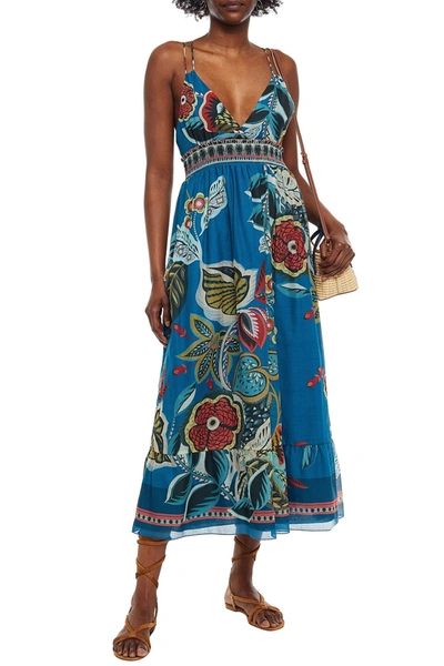 Red Valentino Shirred Printed Cotton And Silk-blend Jacquard Midi Dress In Petrol