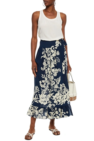 Red Valentino Gathered Printed Silk Crepe De Chine Midi Wrap Skirt In Midnight Blue