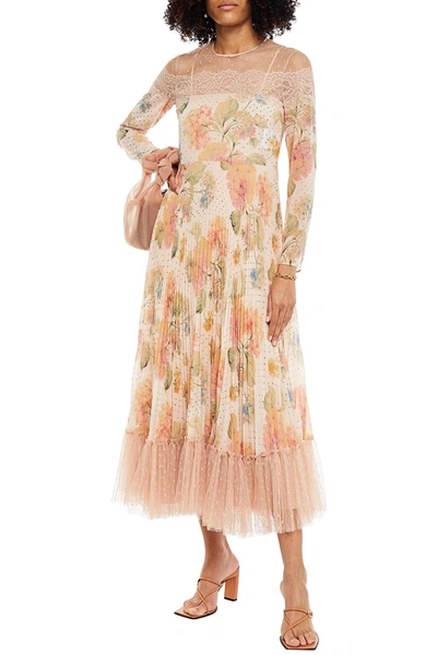 Red Valentino Pleated Floral-print Georgette, Lace And Point D'esprit Midi Dress In Blush