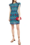 Red Valentino Open-back Gathered Printed Cotton-poplin Mini Dress In Petrol